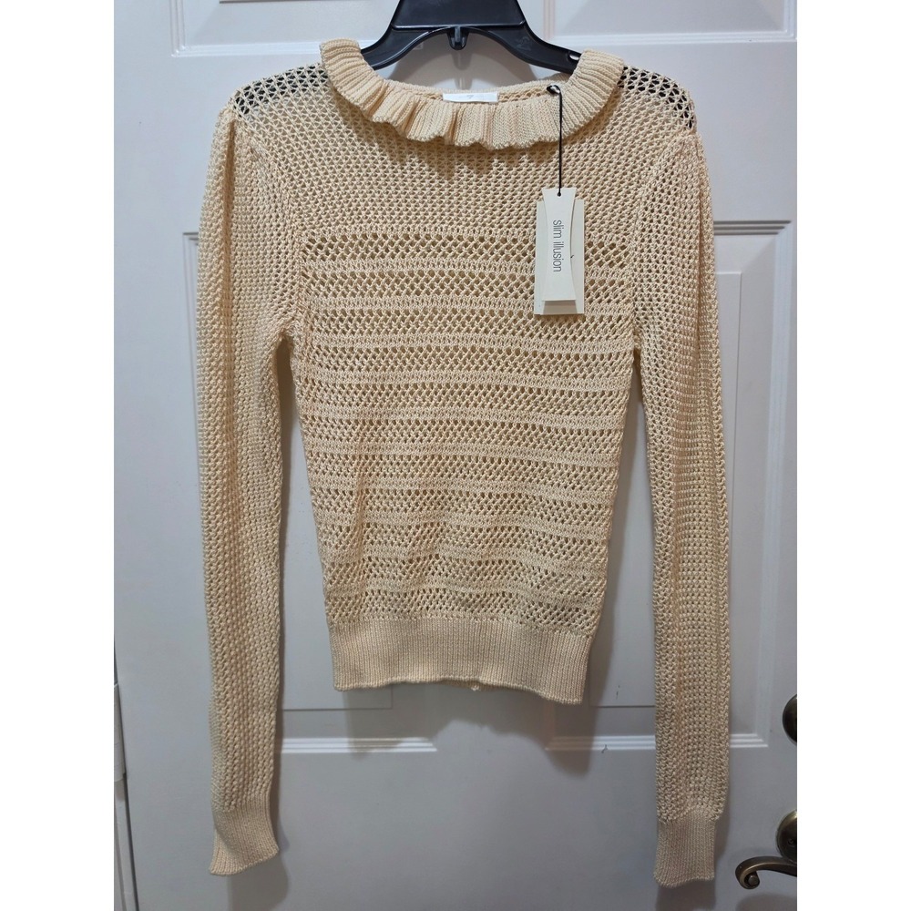 NWT 7 For All Mankind Ruffle Neck Crochet Open Knit Sweater - Cream Large
